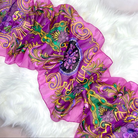 VINTAGE Sheer Striped Floral Gem Tones Orchid Purple Emerald Green Gold Scarf - Picture 1 of 5